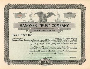 Hanover Trust Co. - Unissued Banking Stock Certificate